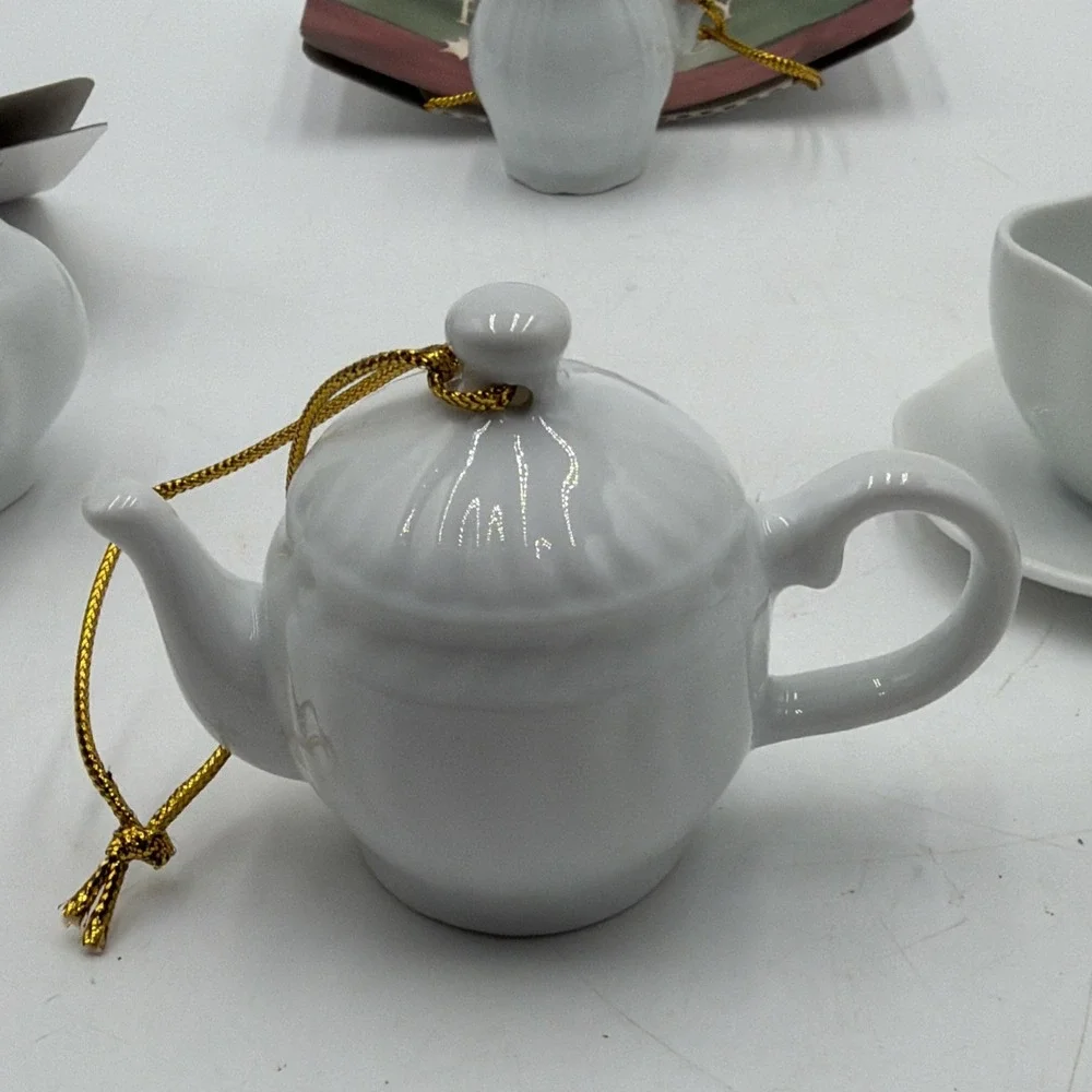 Vintage White Porcelain 4 Piece Miniature Tea Set Ornaments Holiday Time